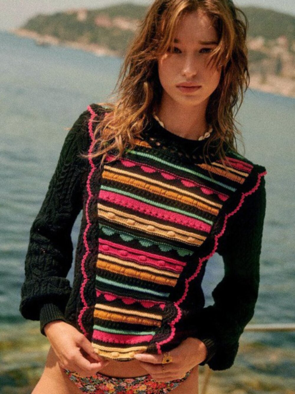 New Sezane Estelle 100% Cotton Striped Crochet Sweater Black Multi XS